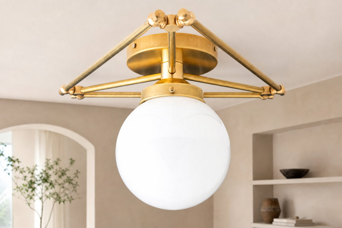 Glorica Glass Geometric Brass Ceiling Lamp - Hand-Blown Globe Design