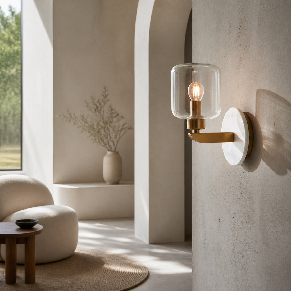 Korlisse Modern Marble Wall Light - Vintage Brass & Clear Glass Accent for Living Room and Hallway