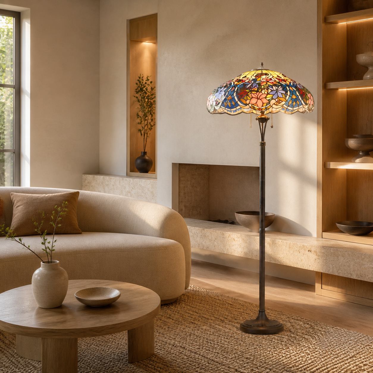 TF Sullivan Tiffany Floor Lamp - Floral Stained Glass Design for Study or Living Room