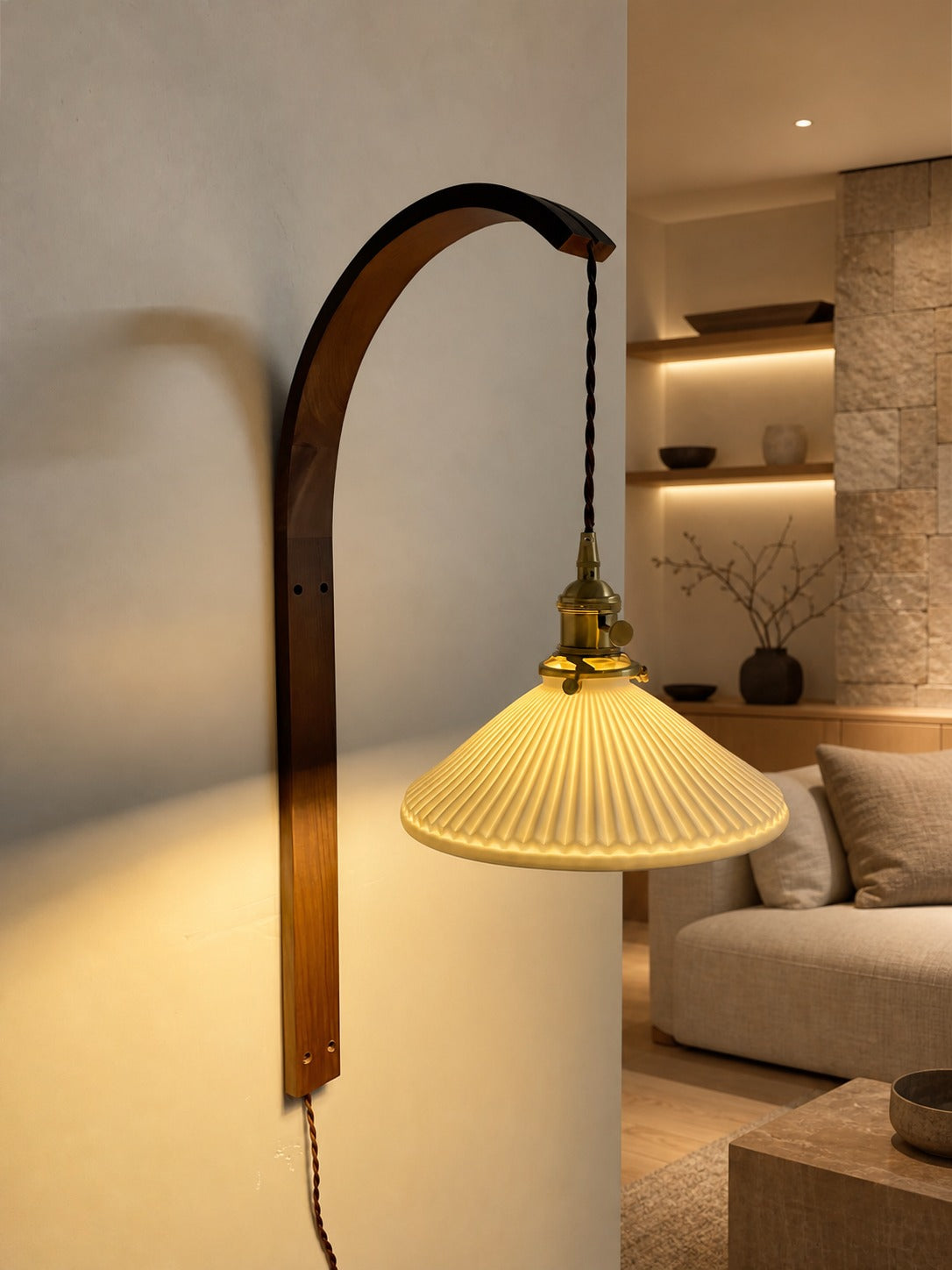 Curved Walnut Ceramic Plug-in Wall Light
