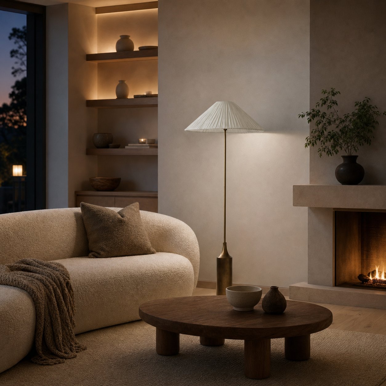 Lindi - aged brass and linen scalloped floor lamp