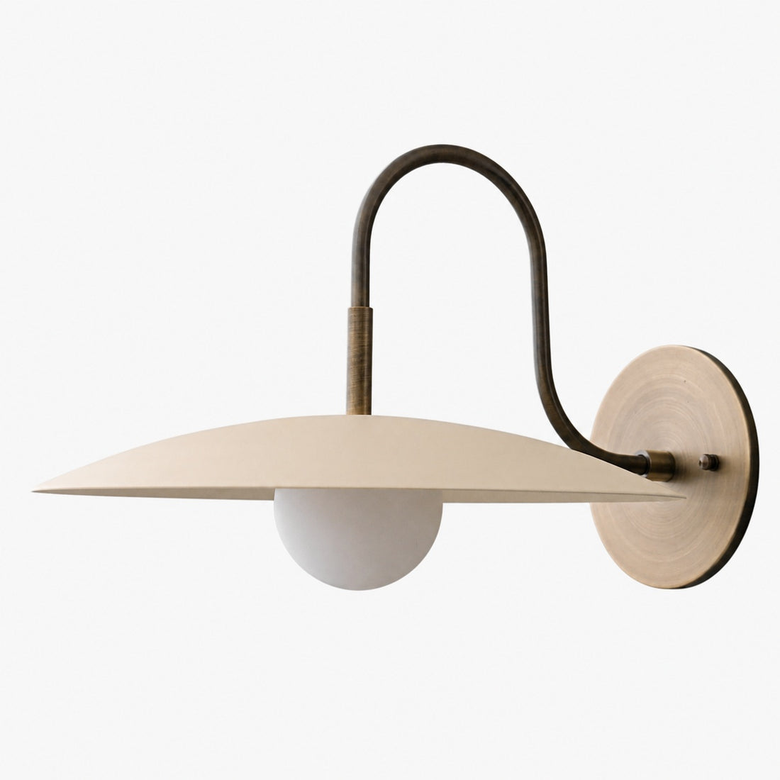 Curva Metal Modern Wall Sconce - Antique Brass Arm with Cream Disc Shade