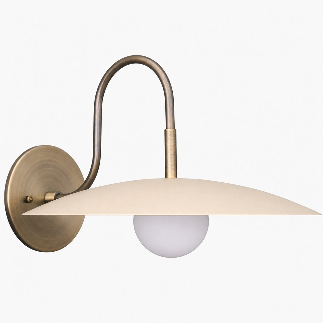 Curva Metal Modern Wall Sconce - Antique Brass Arm with Cream Disc Shade