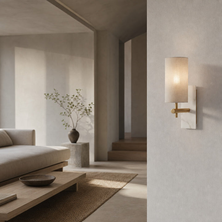 Vintage Brass Marble Wall Sconce - Natural Linen Shade