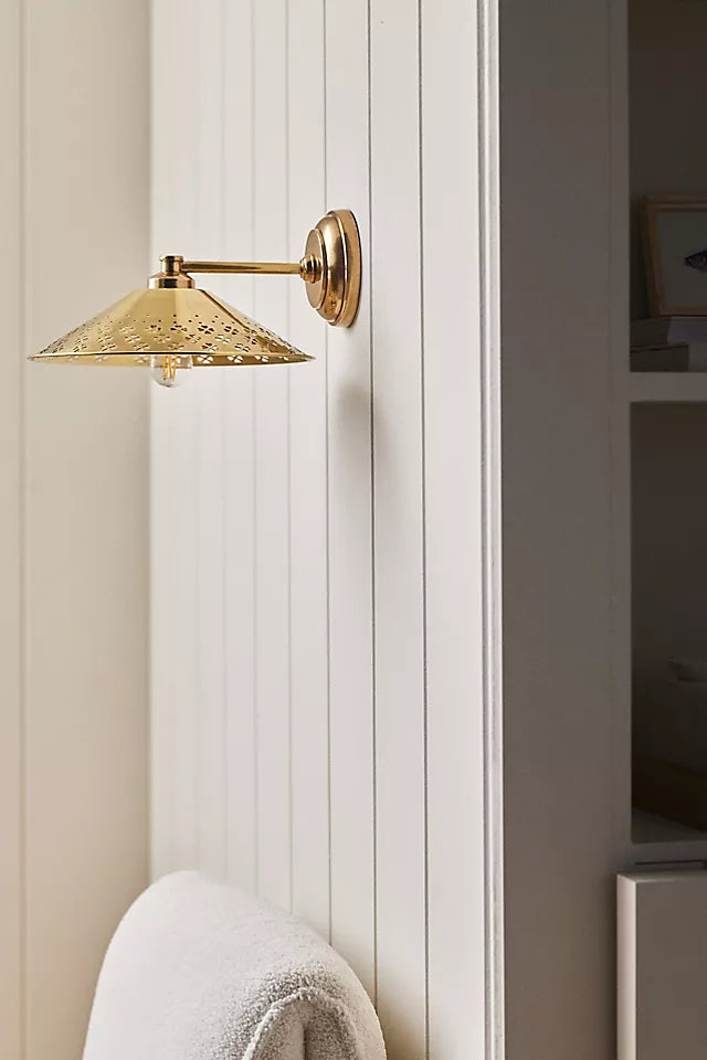 Auriglow Modern Wall Sconce – Brass Perforated Light for Bedroom or Hallway
