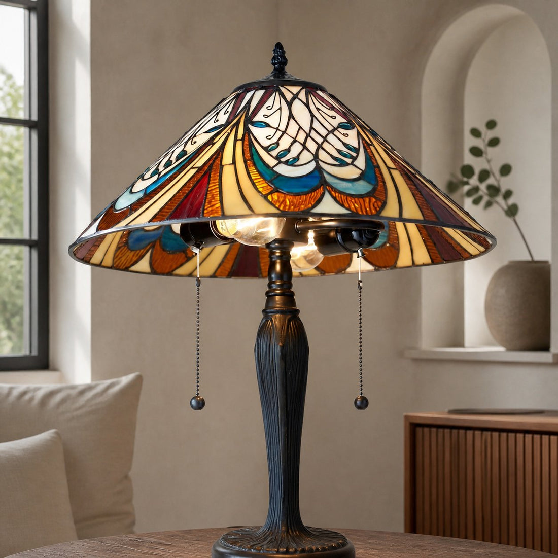 TF Hector Art Nouveau Table Lamp – Stained Glass Shade Decorative Lighting for Living Room or Bedroom
