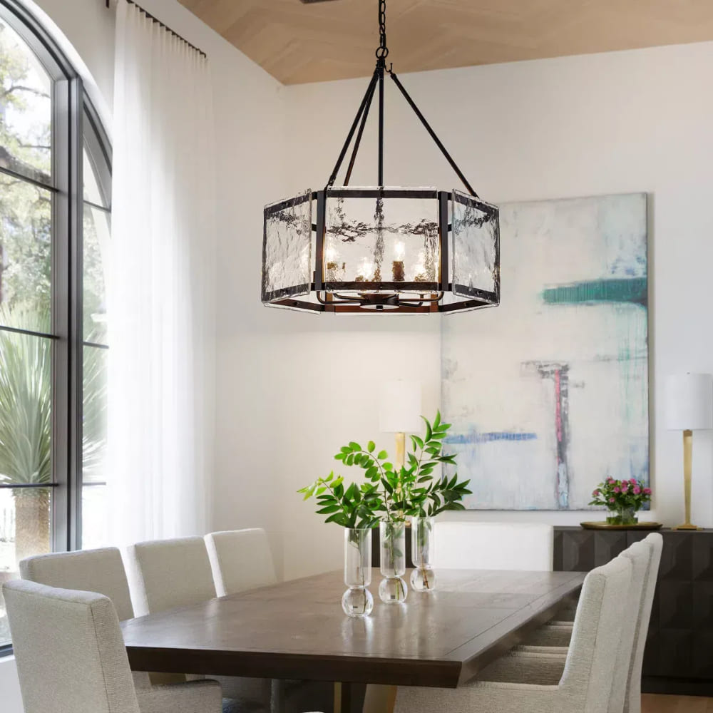 Textured Water Ripple Drum Chandelier - 6-Light Glass Pendant Light