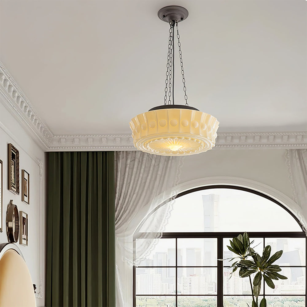 Vintage Cream Glass Cylinder Shade Chandelier with Iron