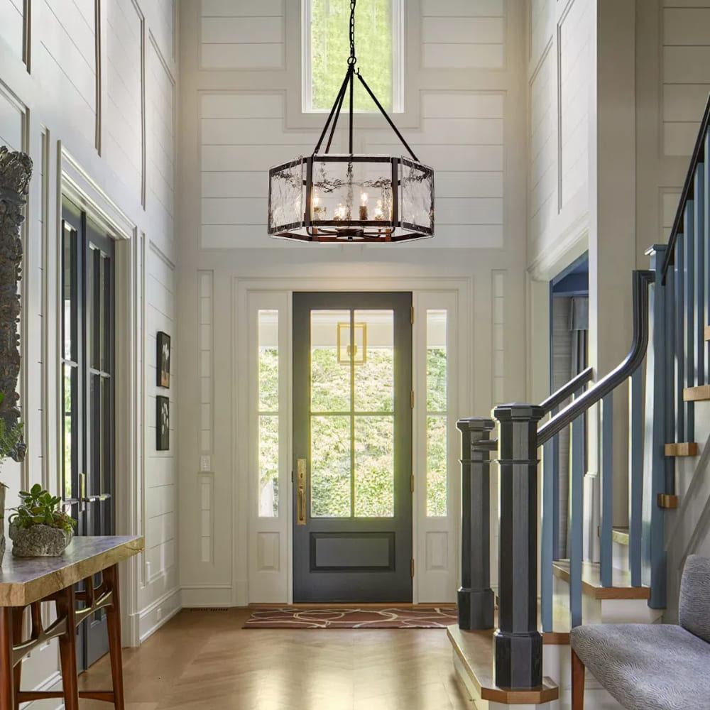 Textured Water Ripple Drum Chandelier - 6-Light Glass Pendant Light