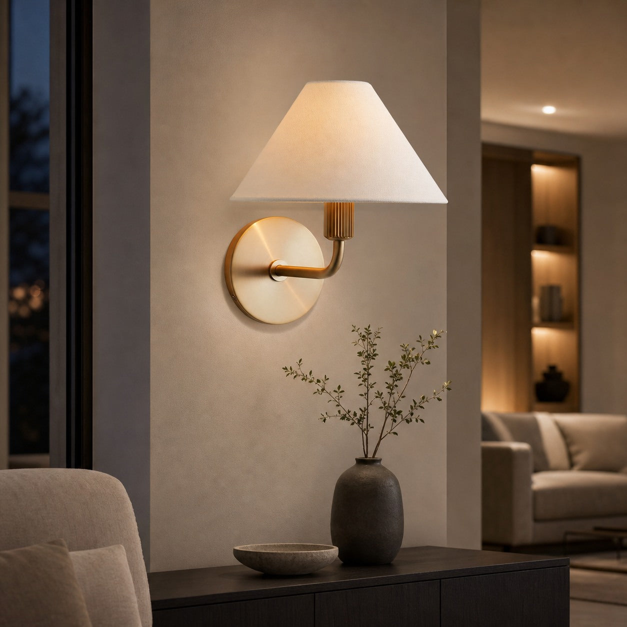 Gilda Fabric Drum Shade Wall Sconce - Modern Brass Accent Light for Bedroom and Hallway