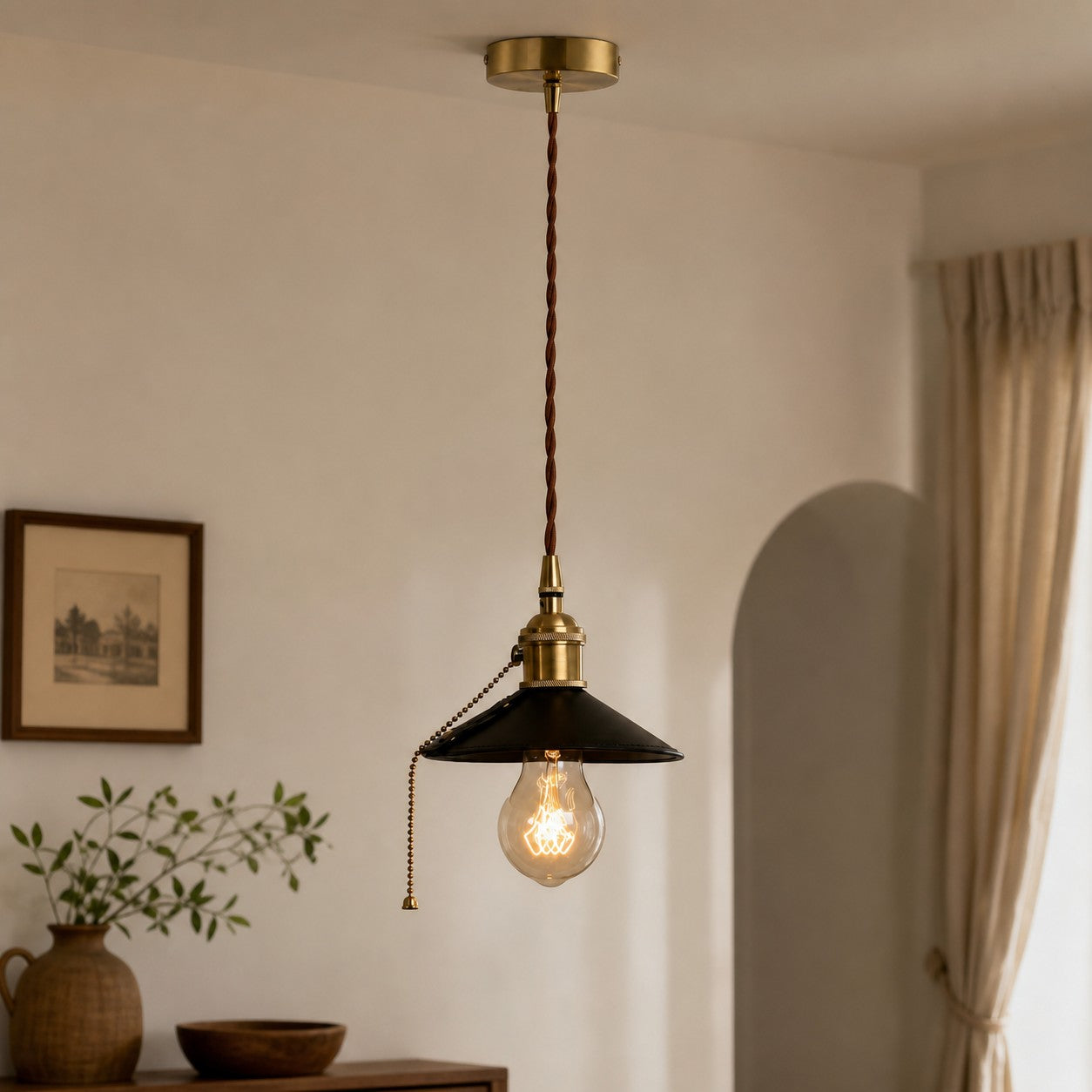 Black leather pendant lamp in a neutral interior