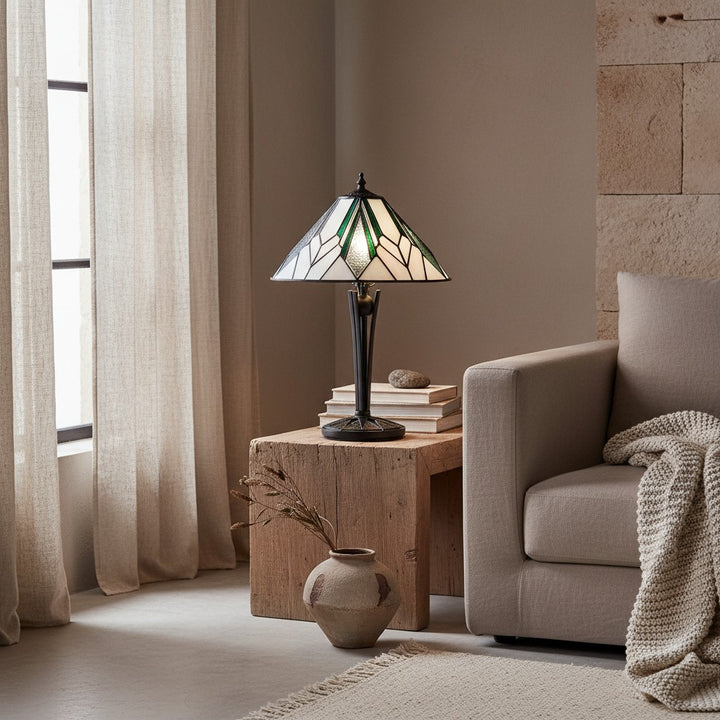 TF Astoria Art Deco Stained-Glass Table Lamp – Bevelled & Iridescent Shade for Bedroom or Living Room