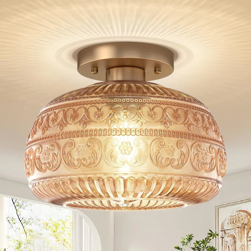 Vintage Glass Semi Flush Mount Ceiling Light with Flora Engraved Pattern