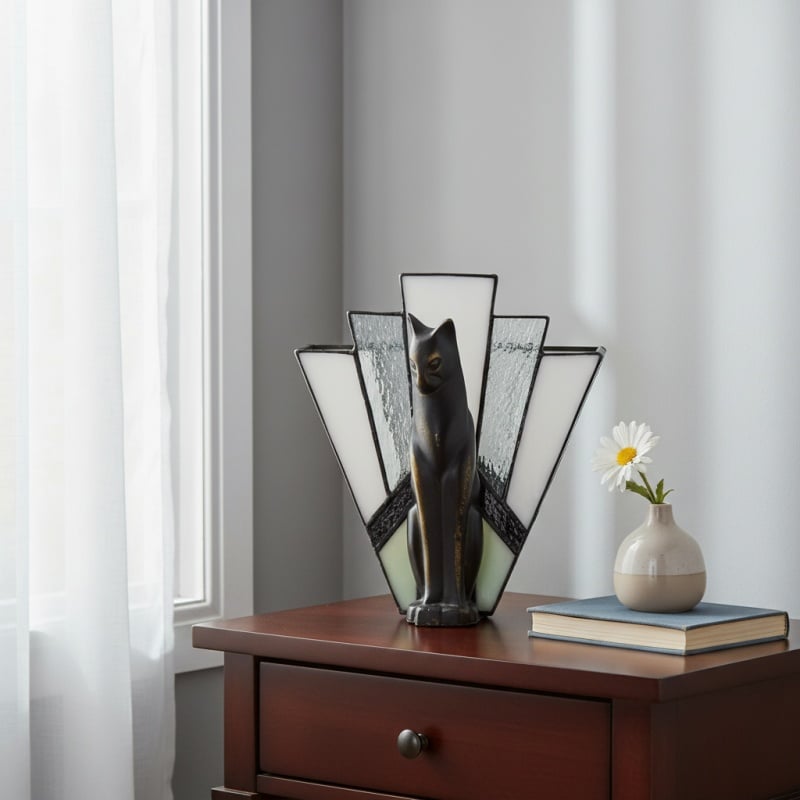 TF Felix Table Lamp – Art Deco Design with Glass Shade and Cat Figurine for Living Room or Bedroom