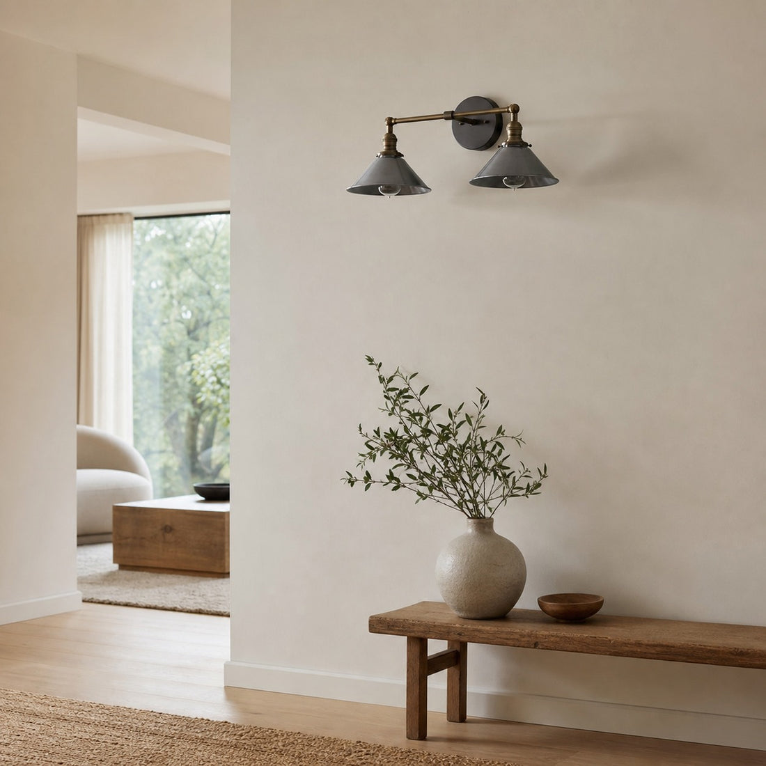 Conique Metal Industrial Wall Sconce with Dual Cone Shades - Vintage Metal Finish