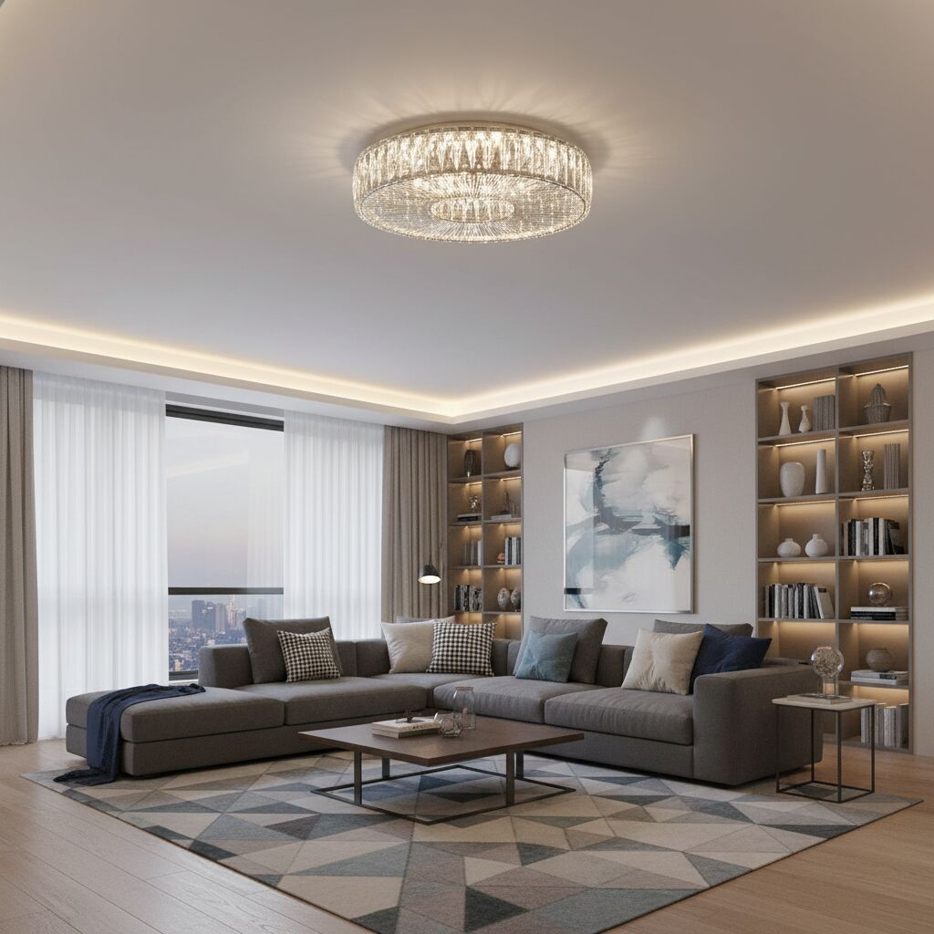 Glomar Glass Round Flush Ceiling Light - Modern Metal Glass Finish Living Areas