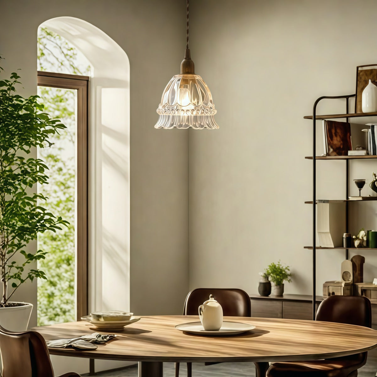 Jellyfish Flower Glass Pendant Light – Walnut & Antique Brass Style