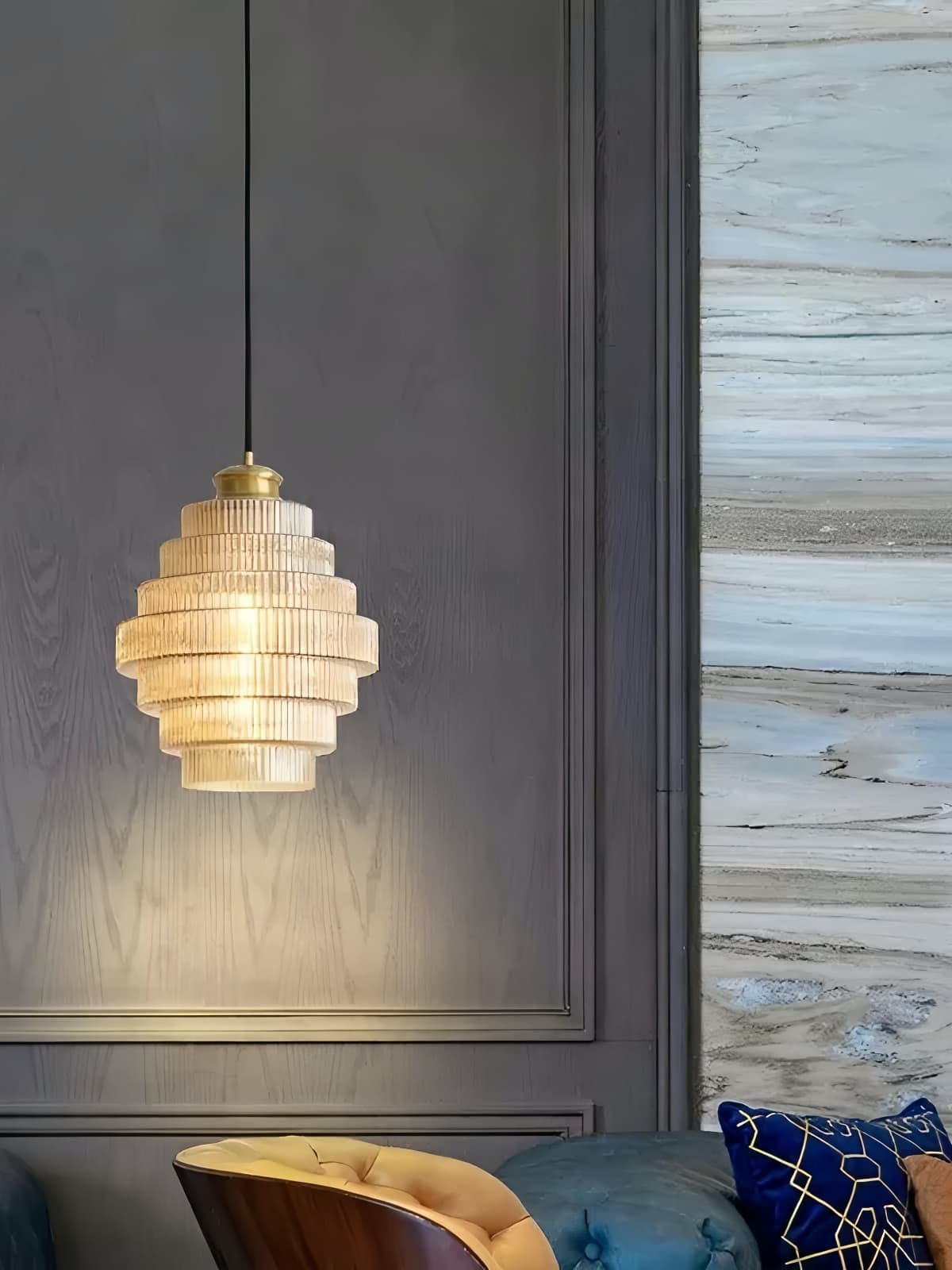 Vintage Striped Glass Pendant Light – Nordic Pleated Bottle Shade Lamp