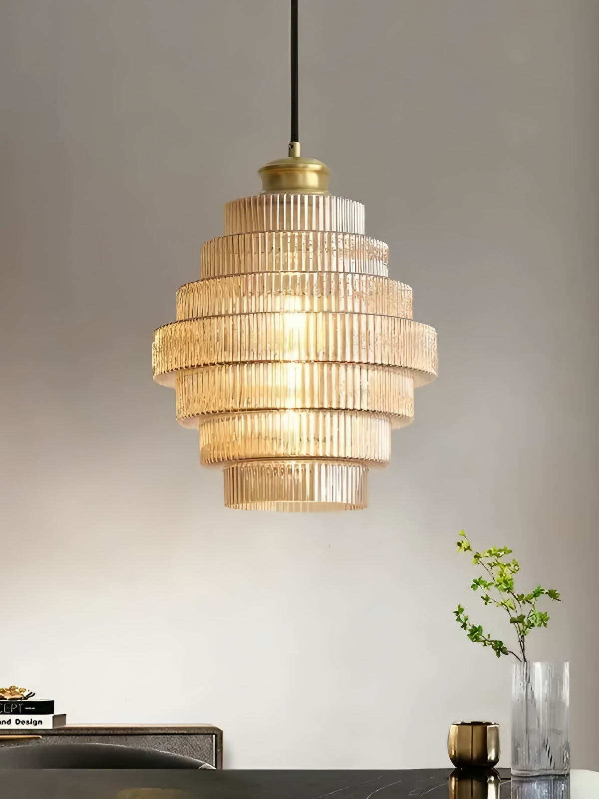 Vintage Striped Glass Pendant Light – Nordic Pleated Bottle Shade Lamp