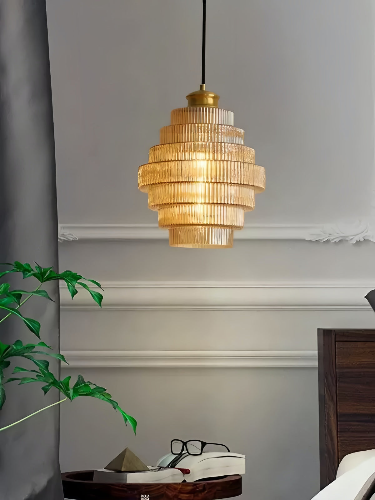 Vintage Striped Glass Pendant Light – Nordic Pleated Bottle Shade Lamp