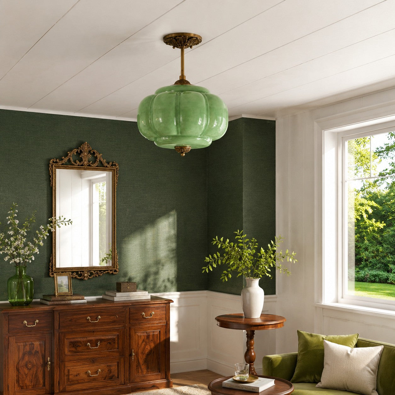 Antique Brass Green Glass Eloise Pendant Light