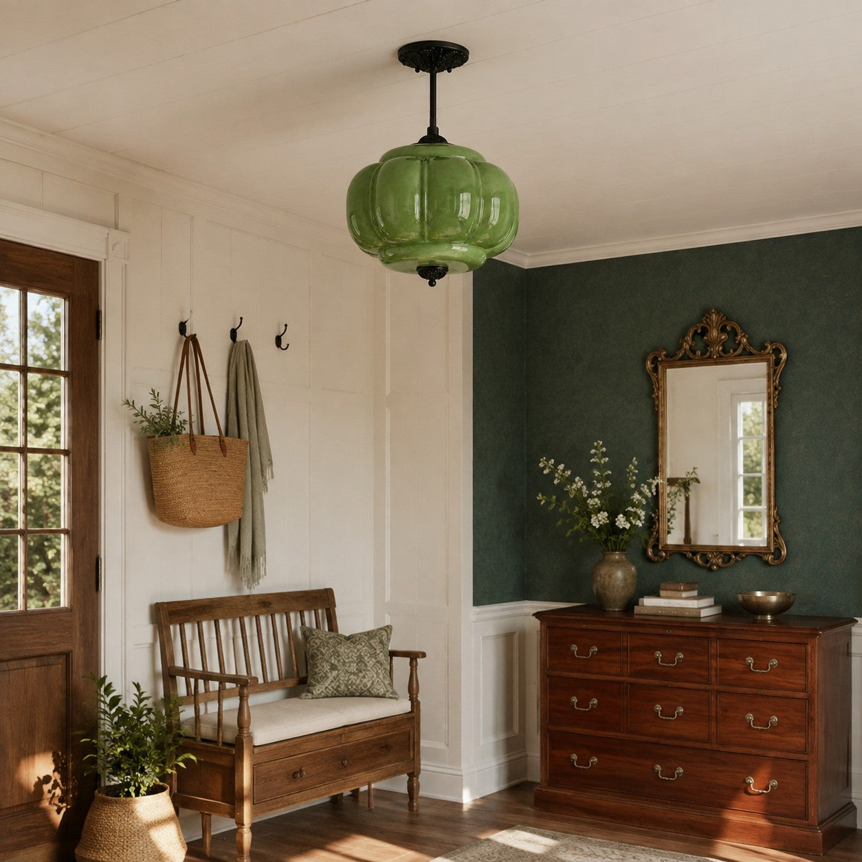 Antique Brass Green Glass Eloise Pendant Light
