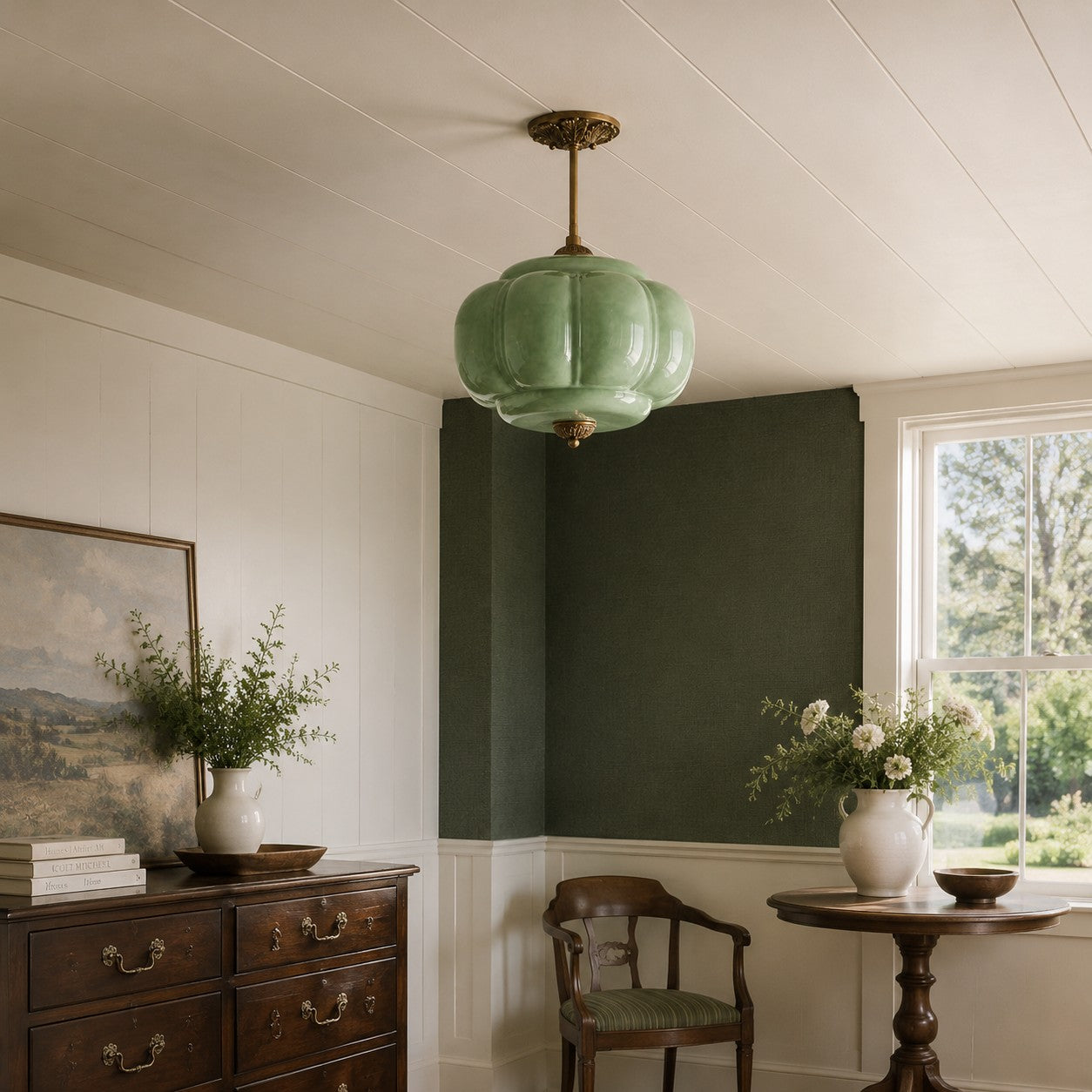 Antique Brass Green Glass Eloise Pendant Light