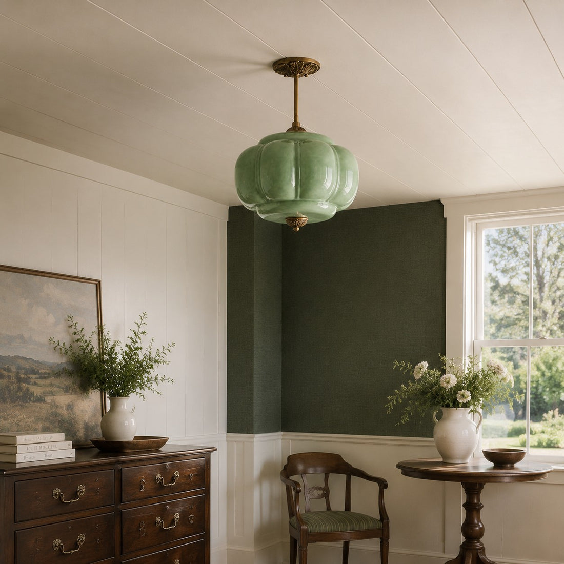 Antique Brass Green Glass Eloise Pendant Light