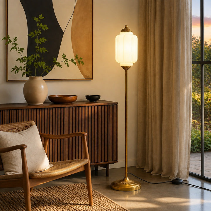Eloise Textured Glass Pumpkin-Inspired Floor Lamp - Organic Artistry and Retro Style for Living Rooms