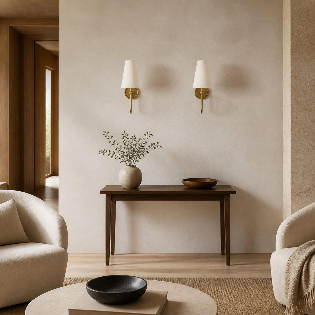 Serena Elegant Swoop Arm Sconce – Modern Fabric Shade Wall Lamp for Hallway and Bedroom