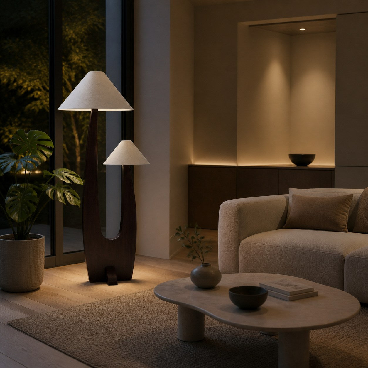 Cordove Arc Floor Lamp – Modern Organic Solid Wood & Fabric for Living Rooms