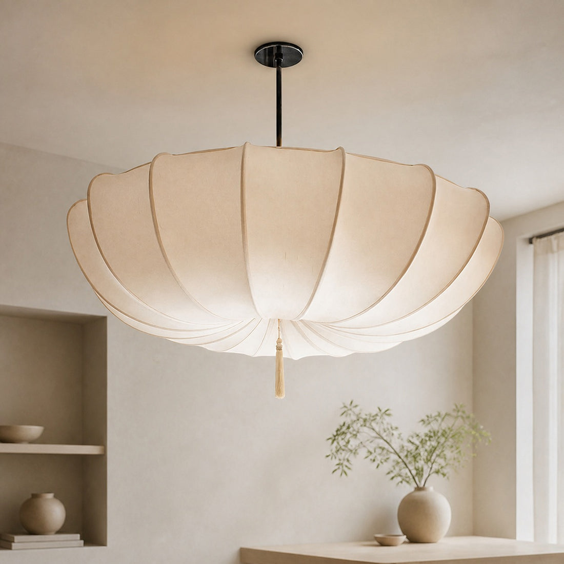Traditional Japanese Round Iron Frame Fabric Shade 3/5 Light Chandelier For Living Room