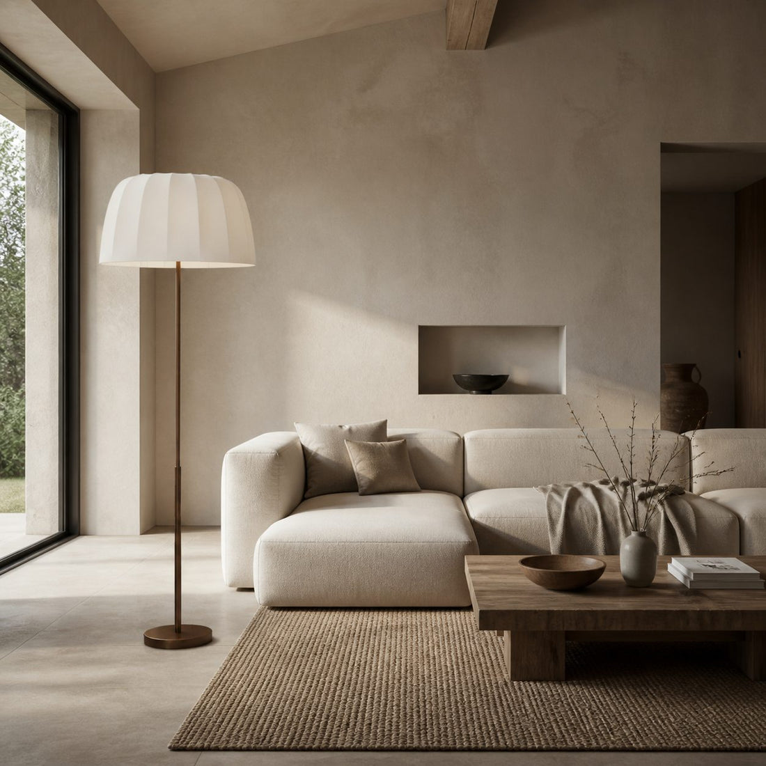 Vellaro Brass Floor Lamp with Fabric Shade – Modern Standing Light for Living Room or Bedroom