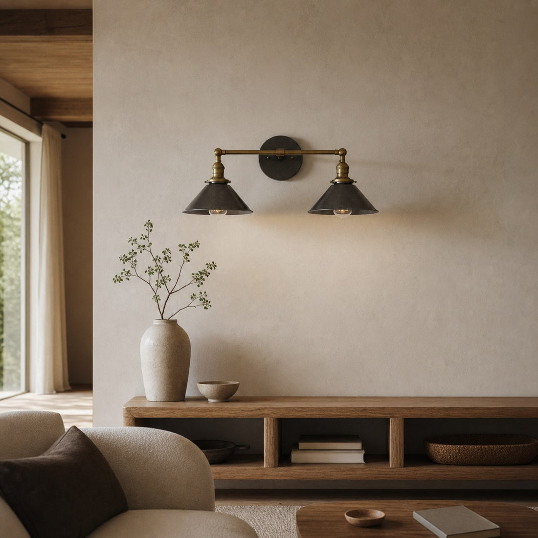 Conique Metal Industrial Wall Sconce with Dual Cone Shades - Vintage Metal Finish