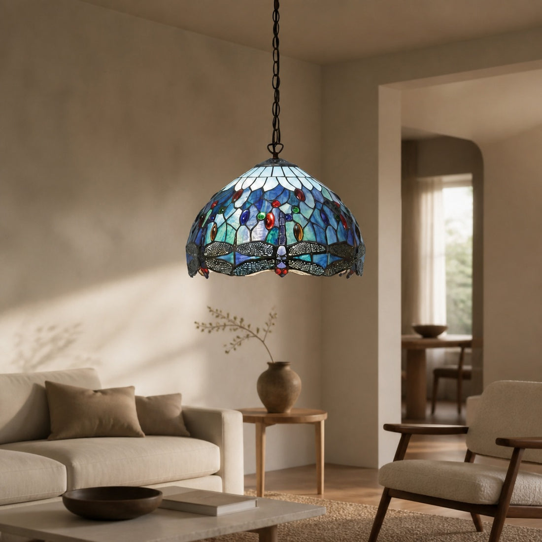 TF Dragonfly Tiffany Pendant Light – Art Nouveau Stained Glass Pendant for Living
