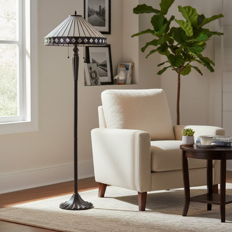 TiffStar Art Glass Floor Lamp with Ornamental Pattern Shade – Standing Light for Living Rooms