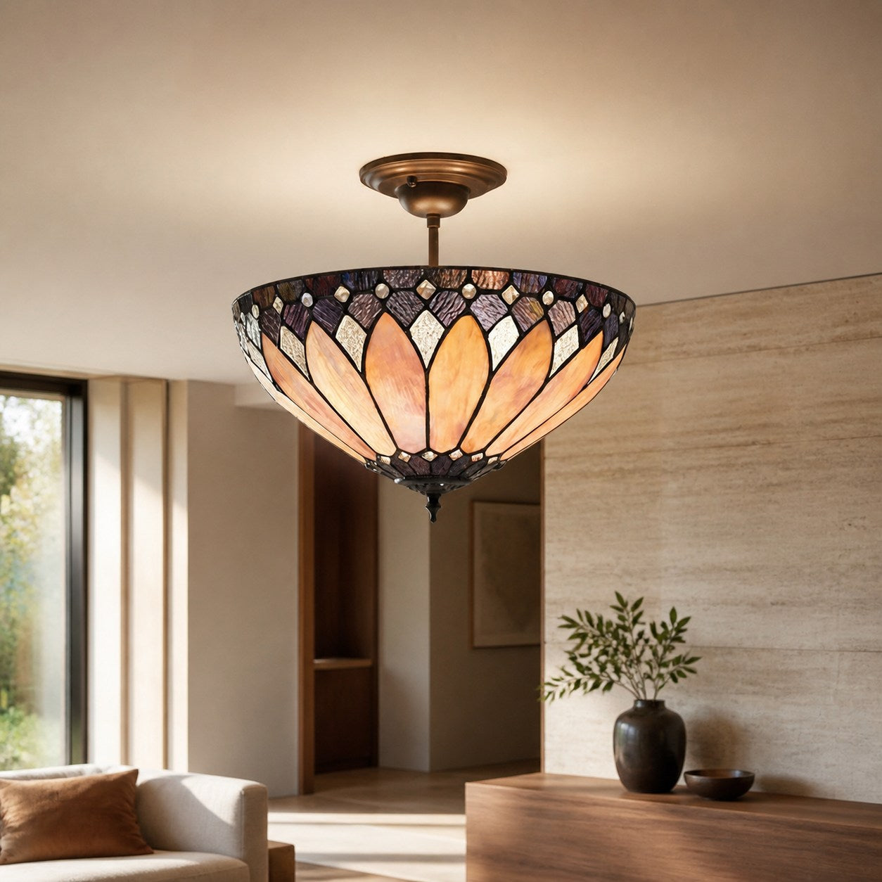 TF Brooklyn Tiffany Semi-flush Ceiling Light - Geometric Glass Shade for Hallways or Living Rooms