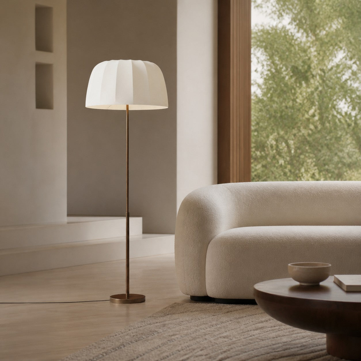 Vellaro Brass Floor Lamp with Fabric Shade – Modern Standing Light for Living Room or Bedroom