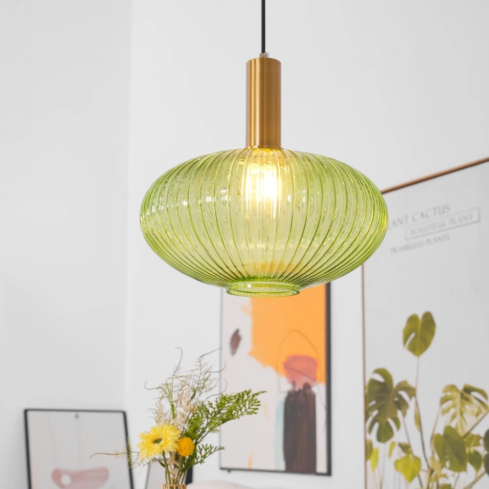 Ribbed Stained Glass Pendant Lamp – Retro Lantern Shape Hanging Light