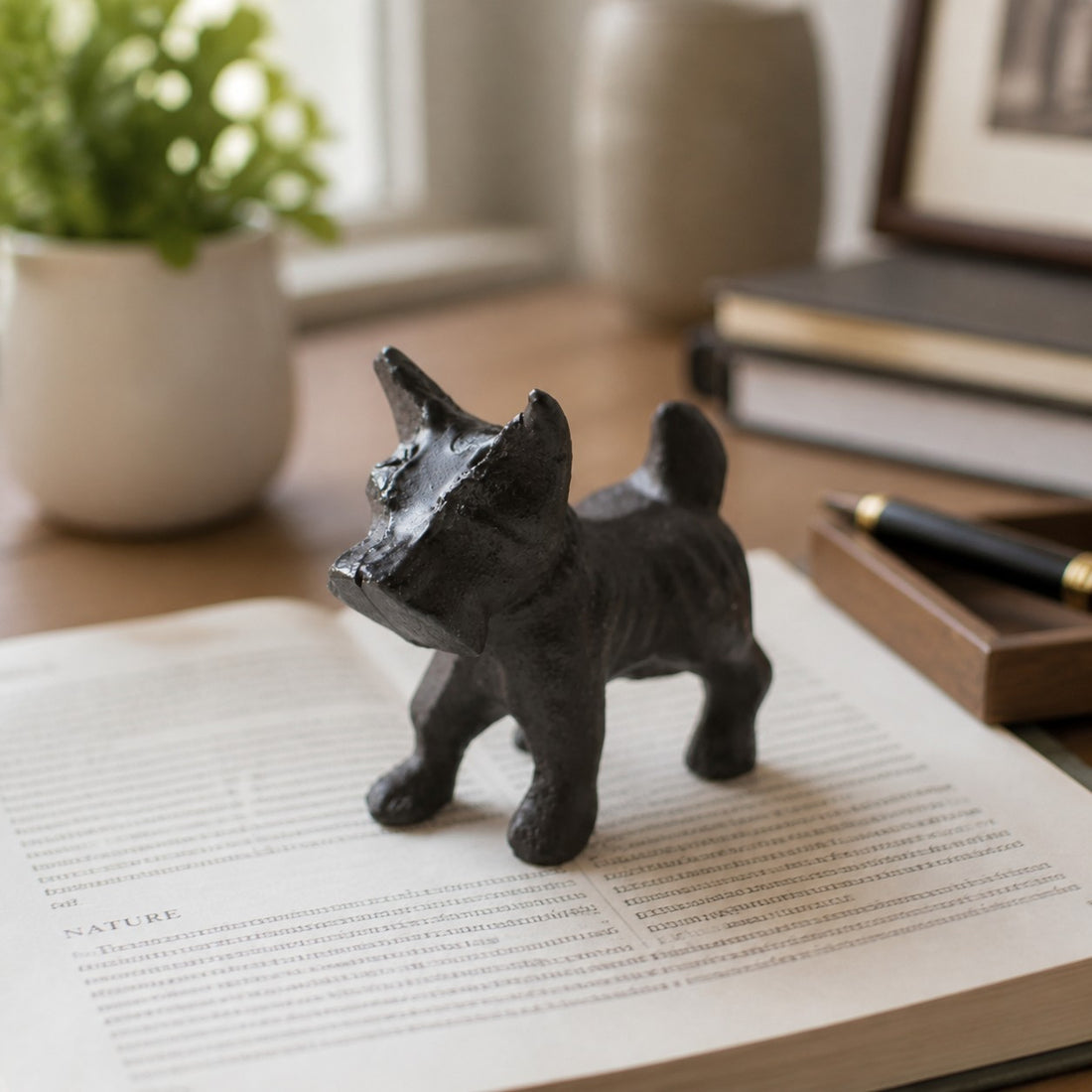 Miniature cast iron Schnauzer styled on a desk