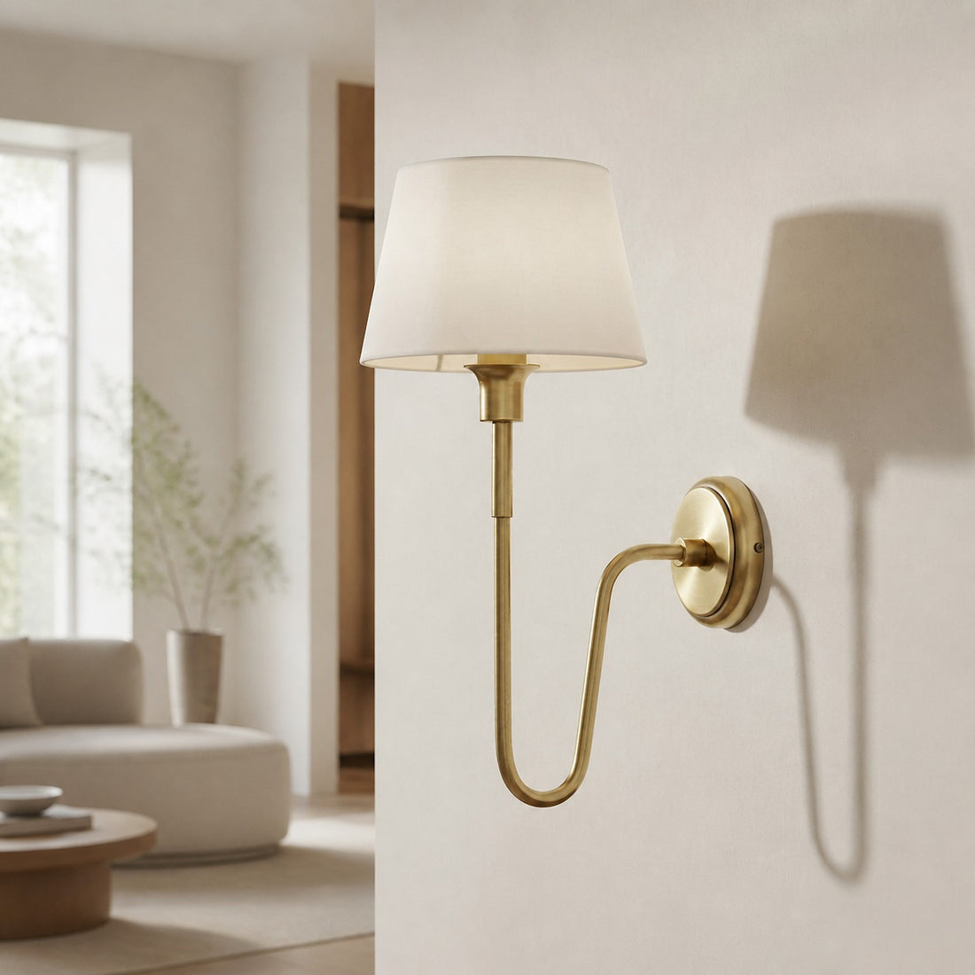 Ivoralux Tapered Fabric Wall Light – Modern Classic Curved Arm Sconce for Hallways or Bedrooms
