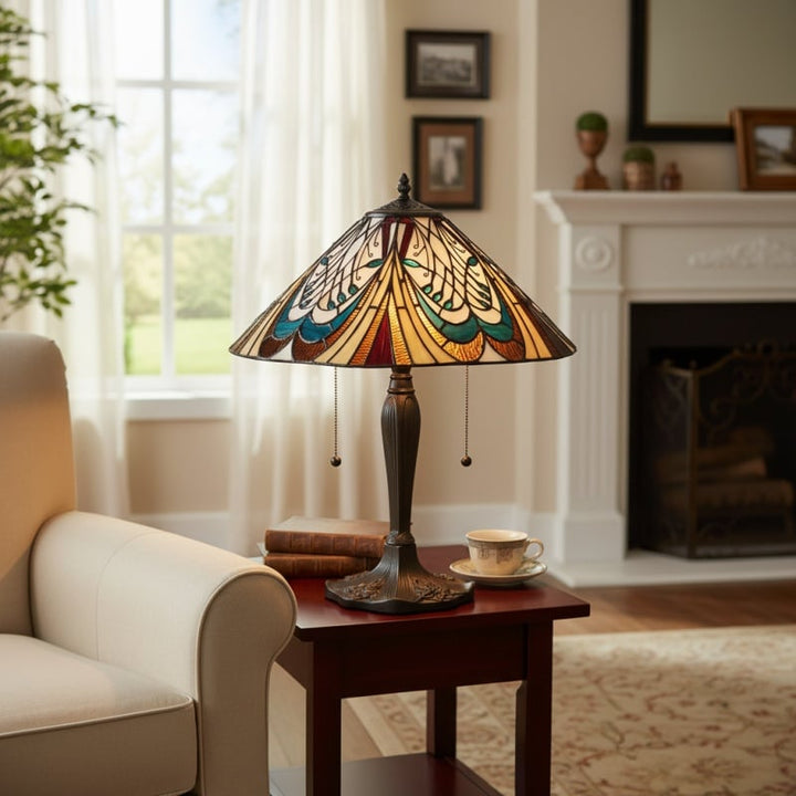 TF Hector Art Nouveau Table Lamp – Stained Glass Shade Decorative Lighting for Living Room or Bedroom