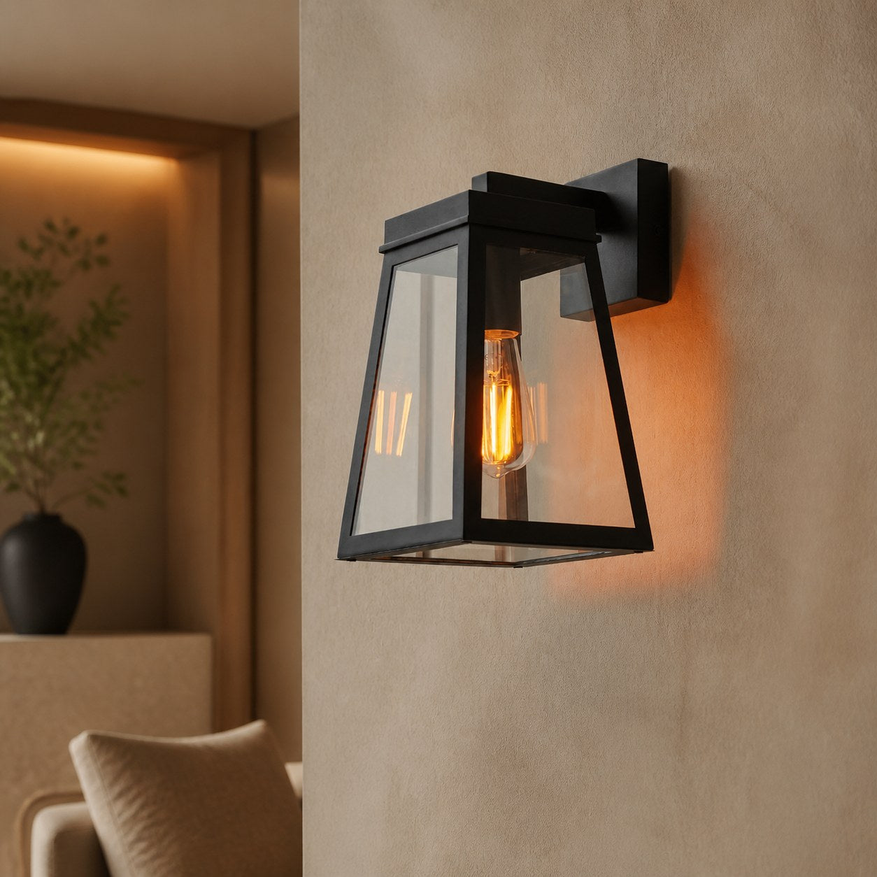 Trevanta Clear Glass Black Outdoor Lantern Wall Light - Modern Exterior Lighting
