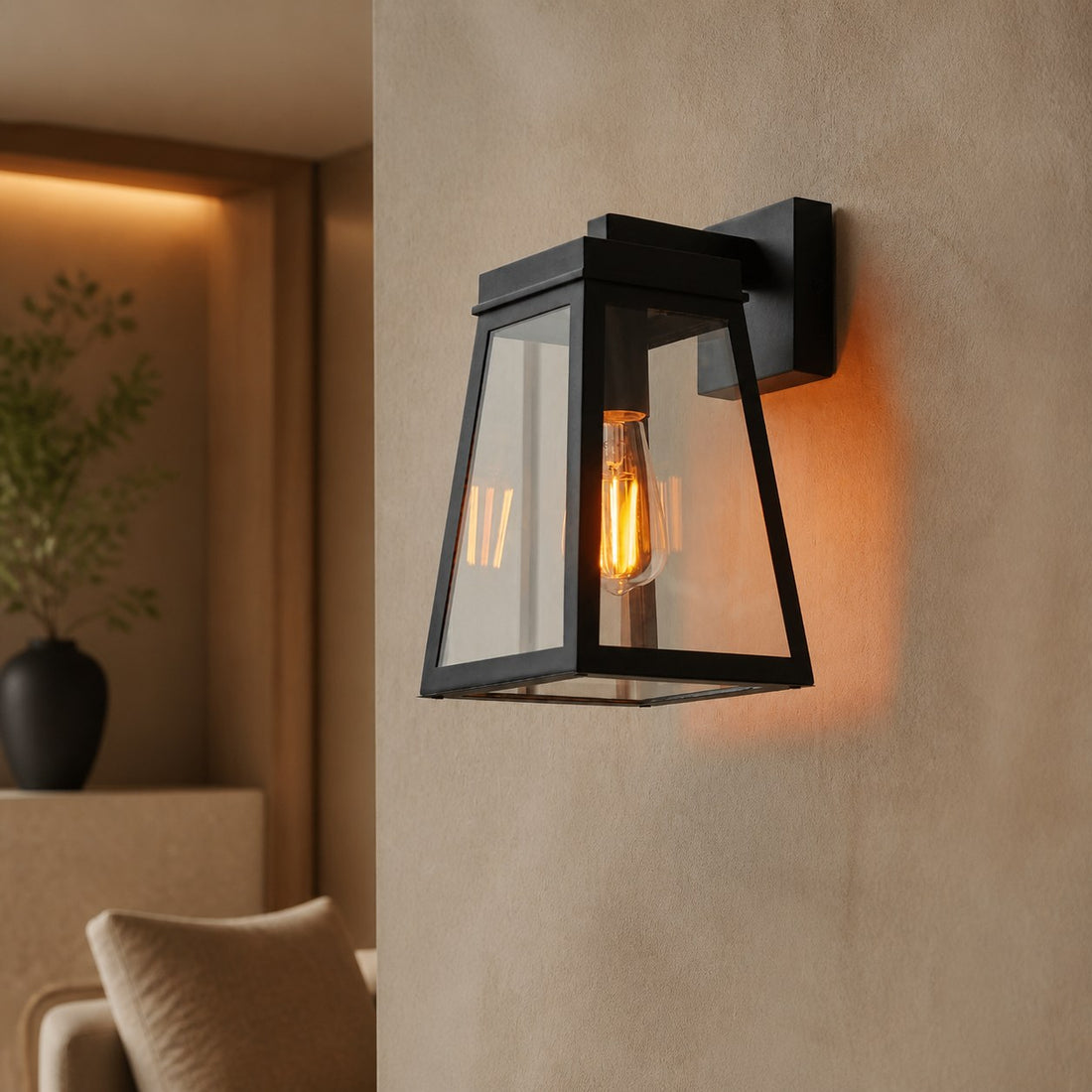 Trevanta Clear Glass Black Outdoor Lantern Wall Light - Modern Exterior Lighting