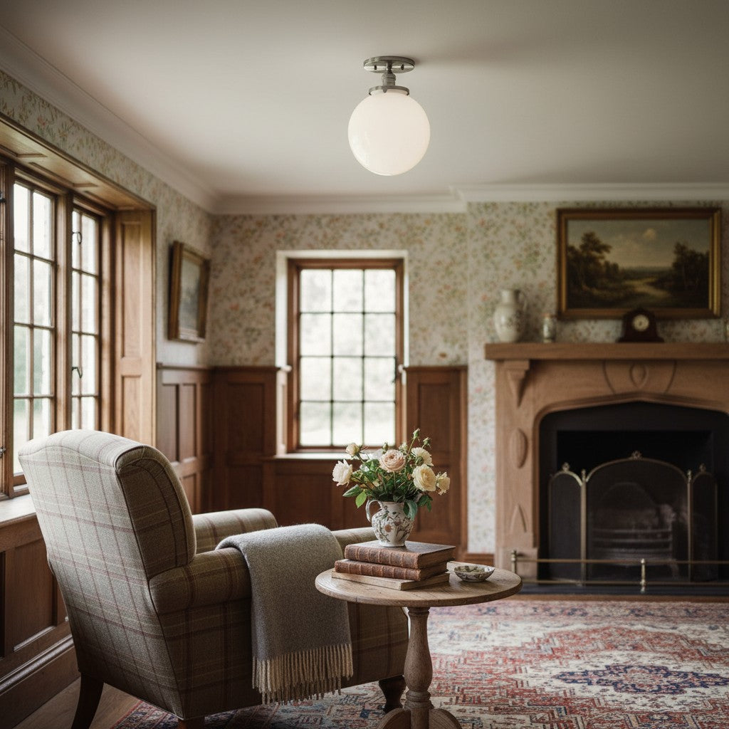 Glorica Glass Mid Century Semi Flush Ceiling Light - White Opal Glass Globe Fixture