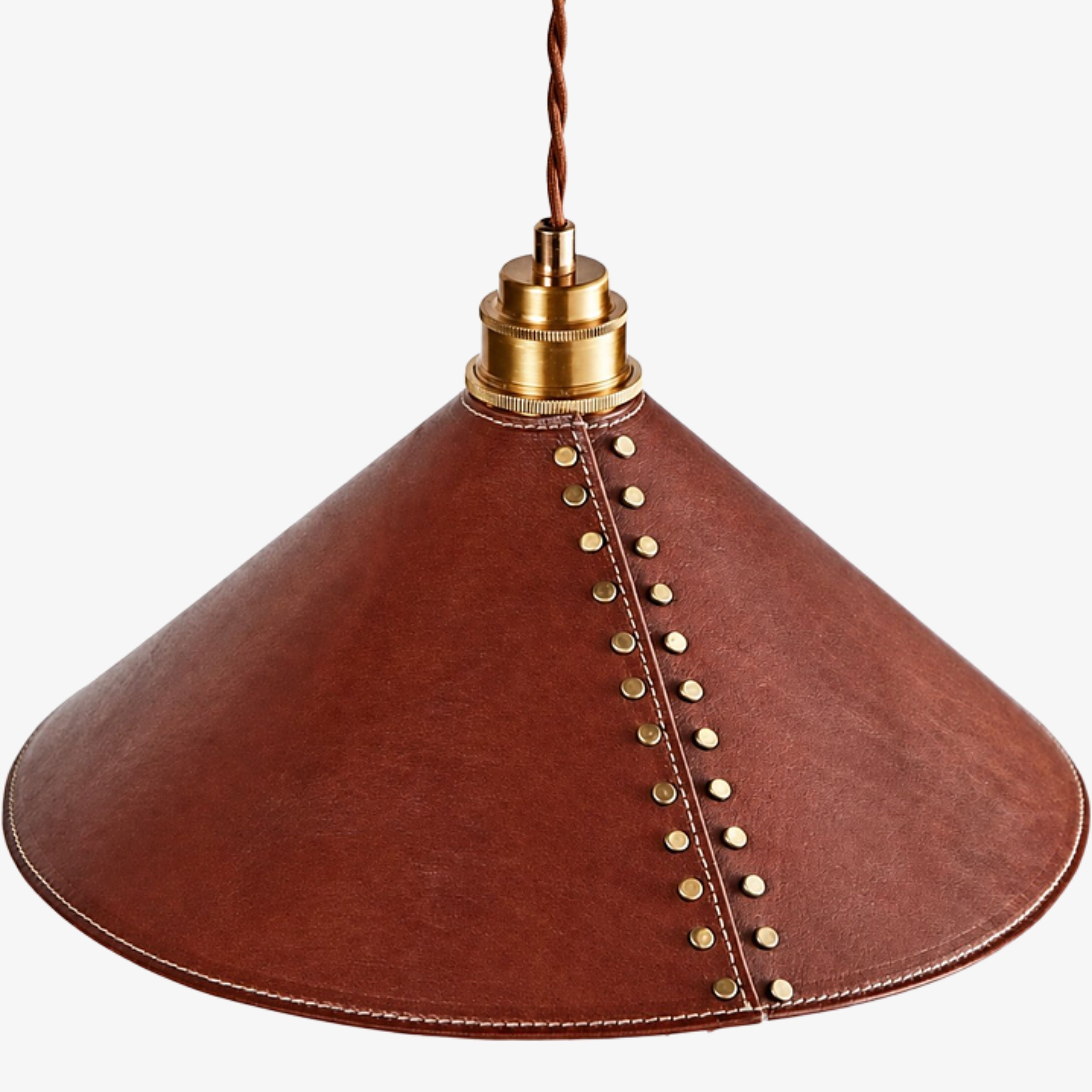 Antique brass socket and stitched cognac leather shade