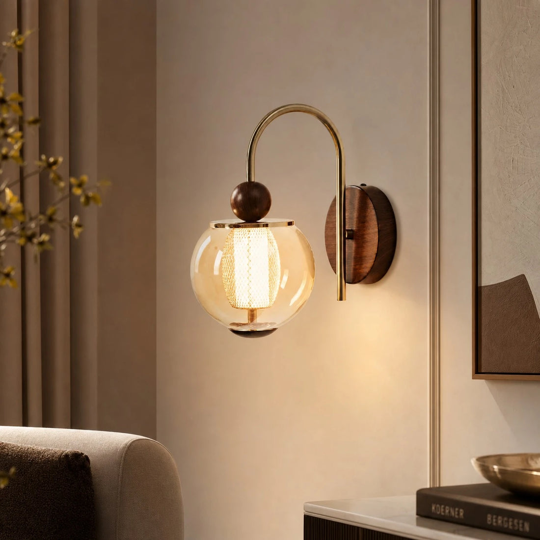 Arched amber-glass wall sconce in a calm living room