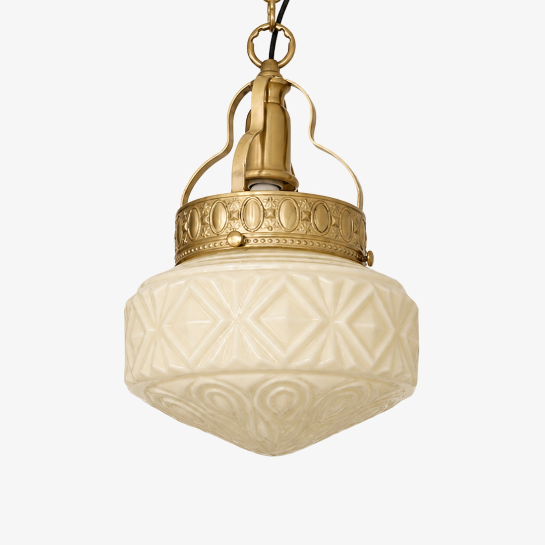 Beige embossed glass pendant light with brass hardware