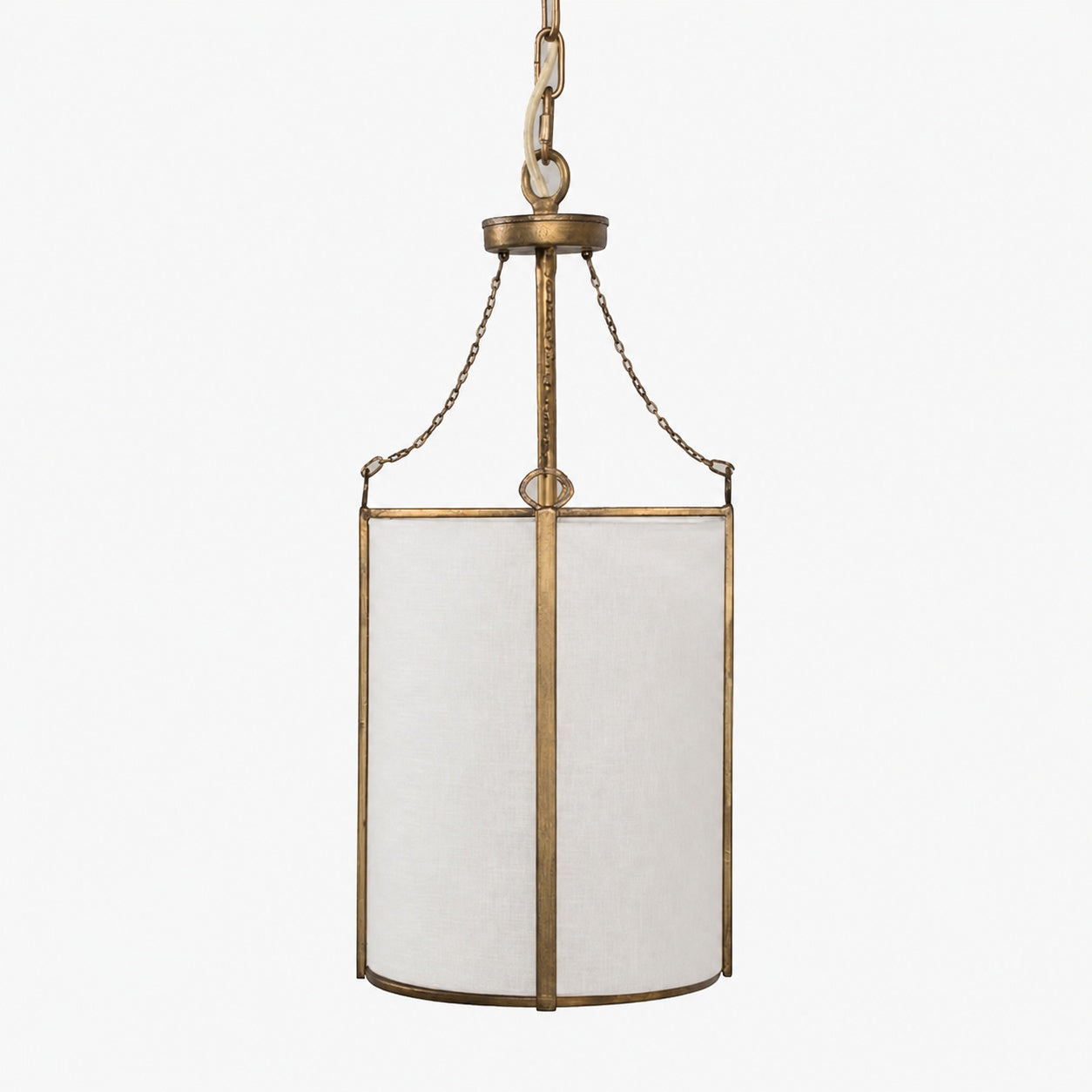 Antique Brass Carousel Chandelier with White Linen Drum Shade for Dining Room