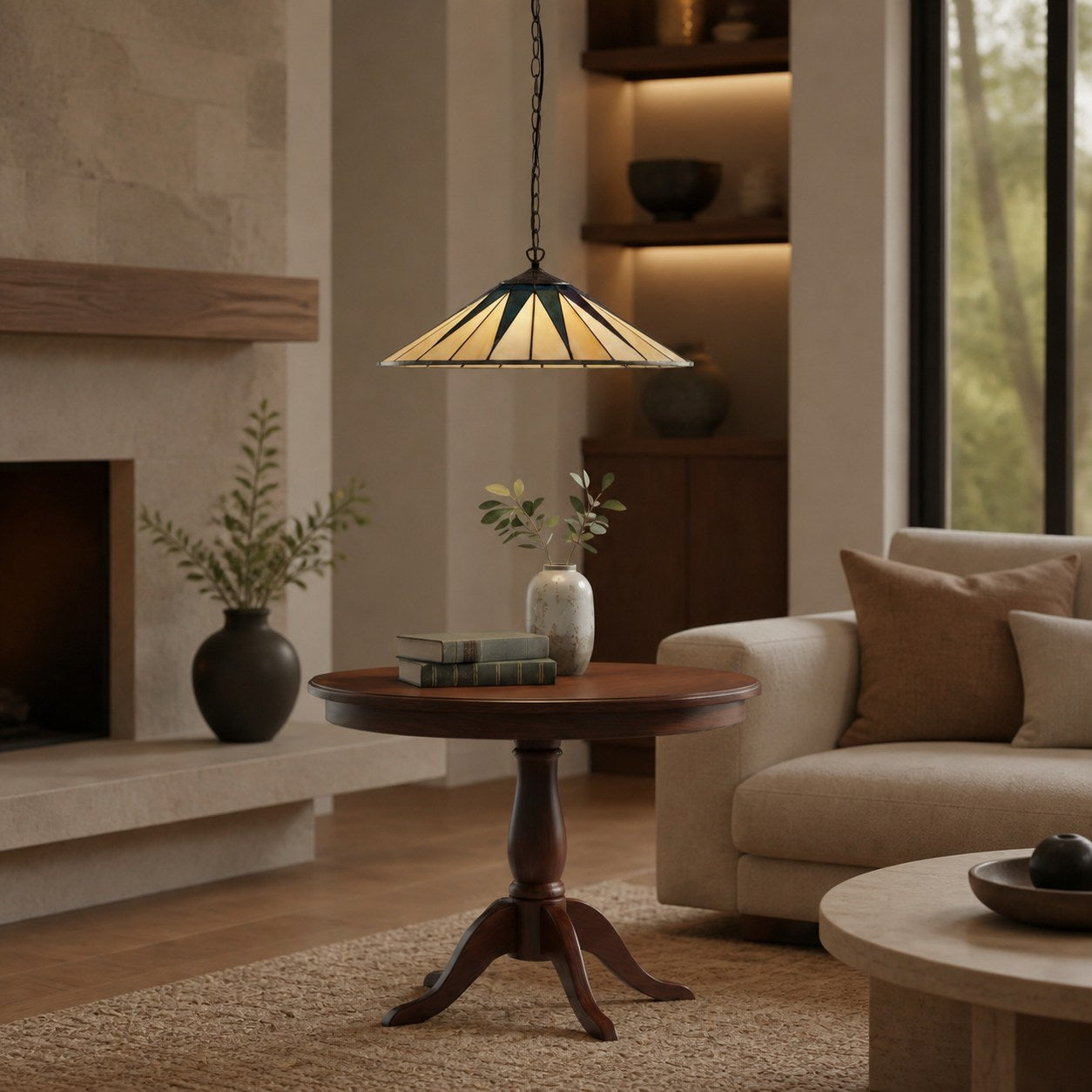 TF Dark Star Tiffany Pendant – Stained Glass Geometric Design Ceiling Light for Living Rooms